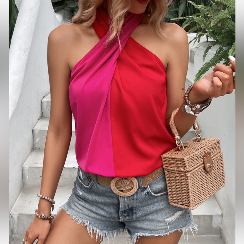 2 Tone Color Block Crisscross Halter Top Blouse Shirt - Picture 1 of 6
